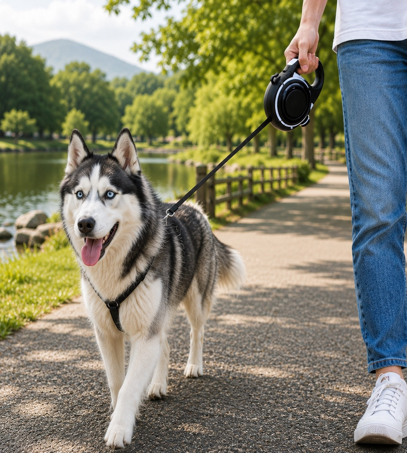 Portable Dog Water Bottle with Retractable Leash – 3-in-1 Pet Travel Set