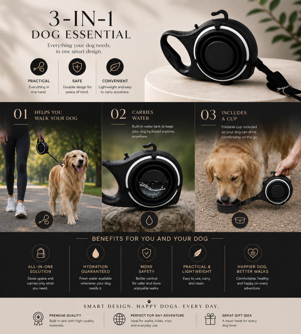 Portable Dog Water Bottle with Retractable Leash – 3-in-1 Pet Travel Set