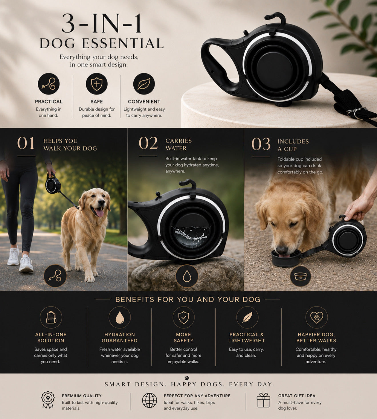 Portable Dog Water Bottle with Retractable Leash – 3-in-1 Pet Travel Set